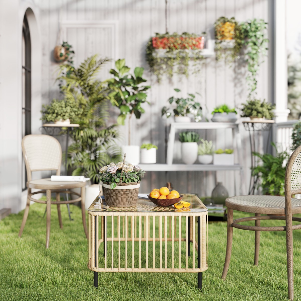 Τραπέζι κήπου Polyrattan, 65 x 65 x 43 cm, αδιάβροχο τετράγωνο βοηθητικό τραπέζι με γυάλινη επιφάνεια από φυσικό ξύλο