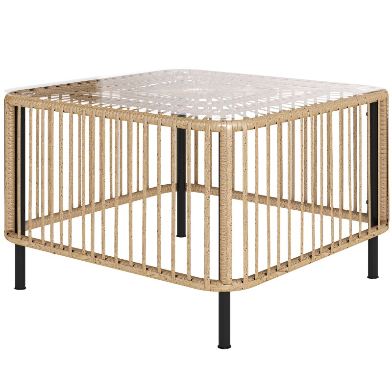 Τραπέζι κήπου Polyrattan, 65 x 65 x 43 cm, αδιάβροχο τετράγωνο βοηθητικό τραπέζι με γυάλινη επιφάνεια από φυσικό ξύλο