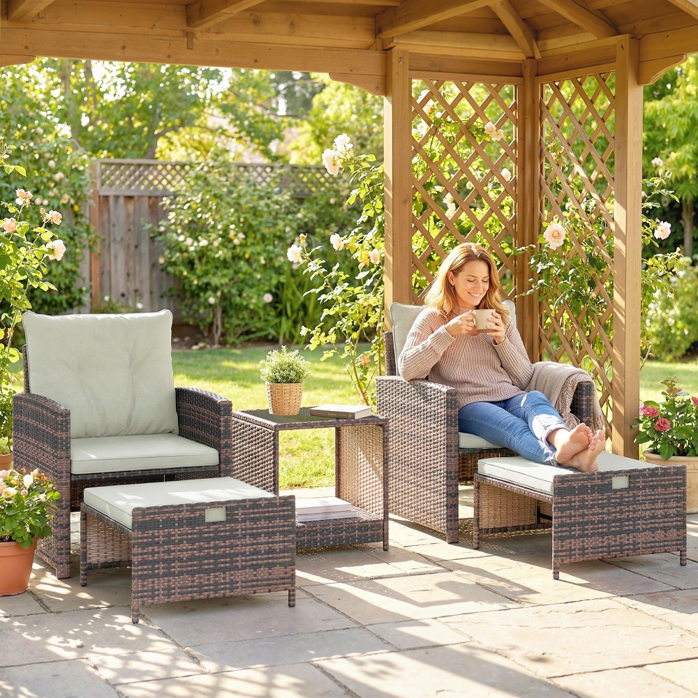 Σετ επίπλων κήπου Rattan Σετ επίπλων μπαλκονιού 5 τεμαχίων με 2 καρέκλες μαξιλάρια τραπέζι σκαμπό θήκη αποθήκευσης κρεμ λευκό