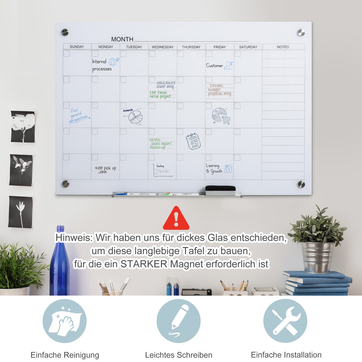 Whiteboard Calendar 90 x 60cm Wall Calendar with Pen Tray Dry Wipe Weekly Planner με 4 στυλό, Γόμα, Μηνιαίο Ημερολόγιο για Γραφείο Σχολική Κουζίνα Σπίτι