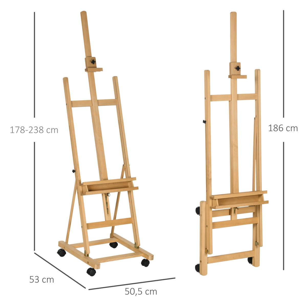 Καβαλέτο, Artist Easel, Ρυθμιζόμενο Ύψος, 4 Τροχοί, Φυσικό + Μαύρο