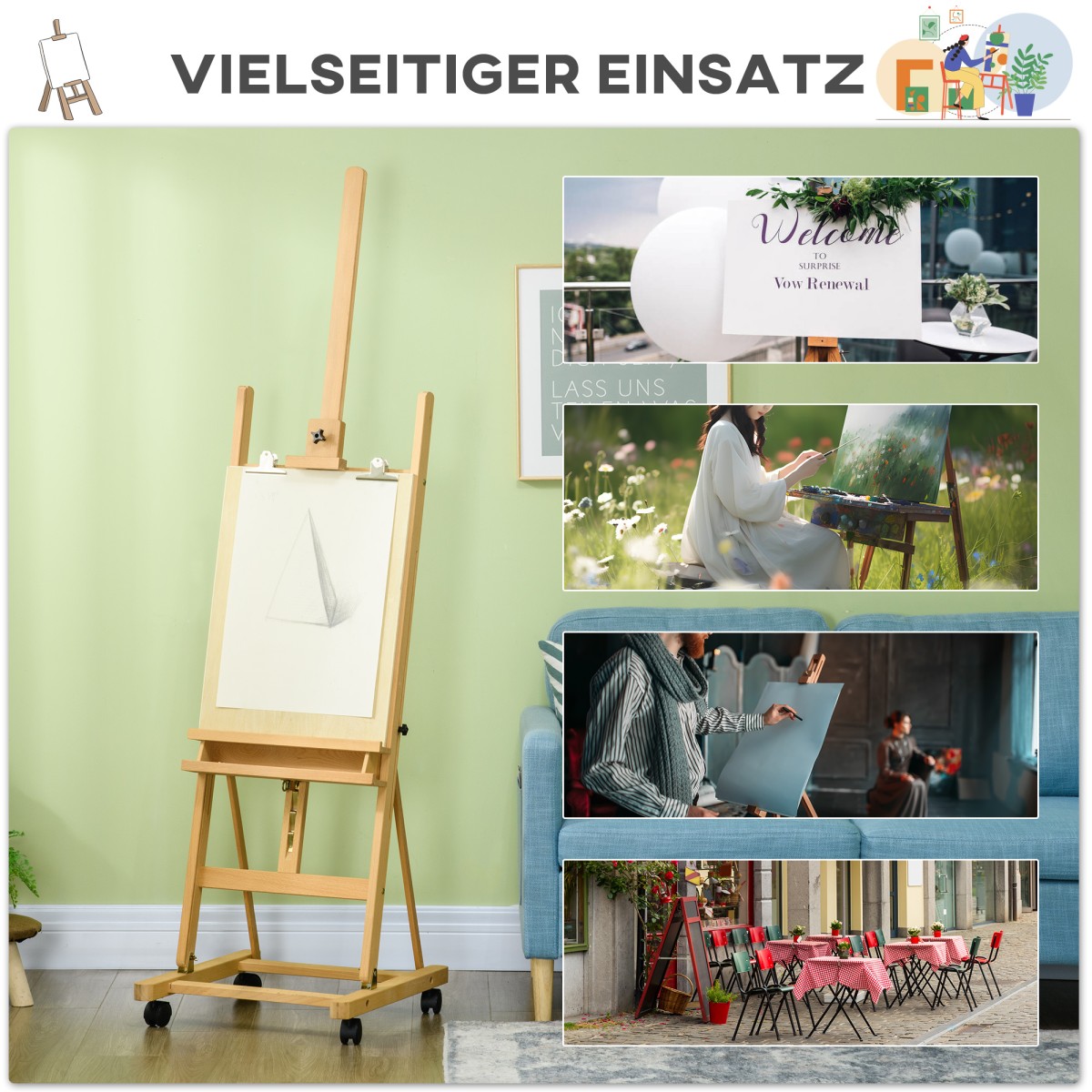 Καβαλέτο, Artist Easel, Ρυθμιζόμενο Ύψος, 4 Τροχοί, Φυσικό + Μαύρο
