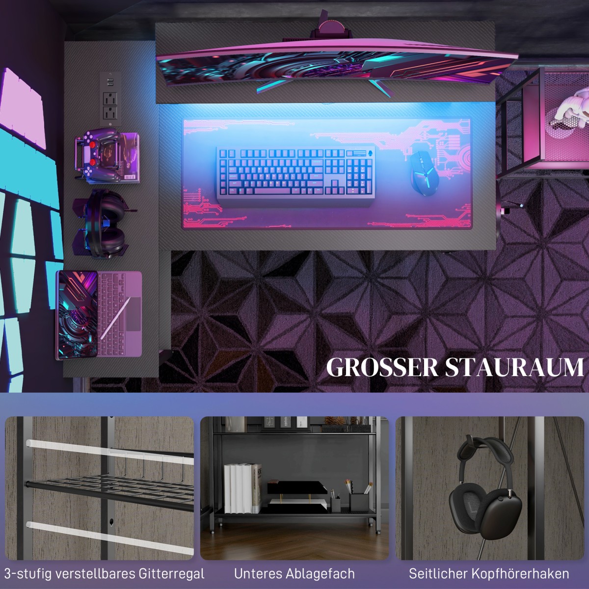 Γραφείο σε σχήμα L με LED, υποδοχές, USB, αναστρέψιμο γραφείο υπολογιστή με ράφι, 107 x 80 x 90 cm, μαύρο