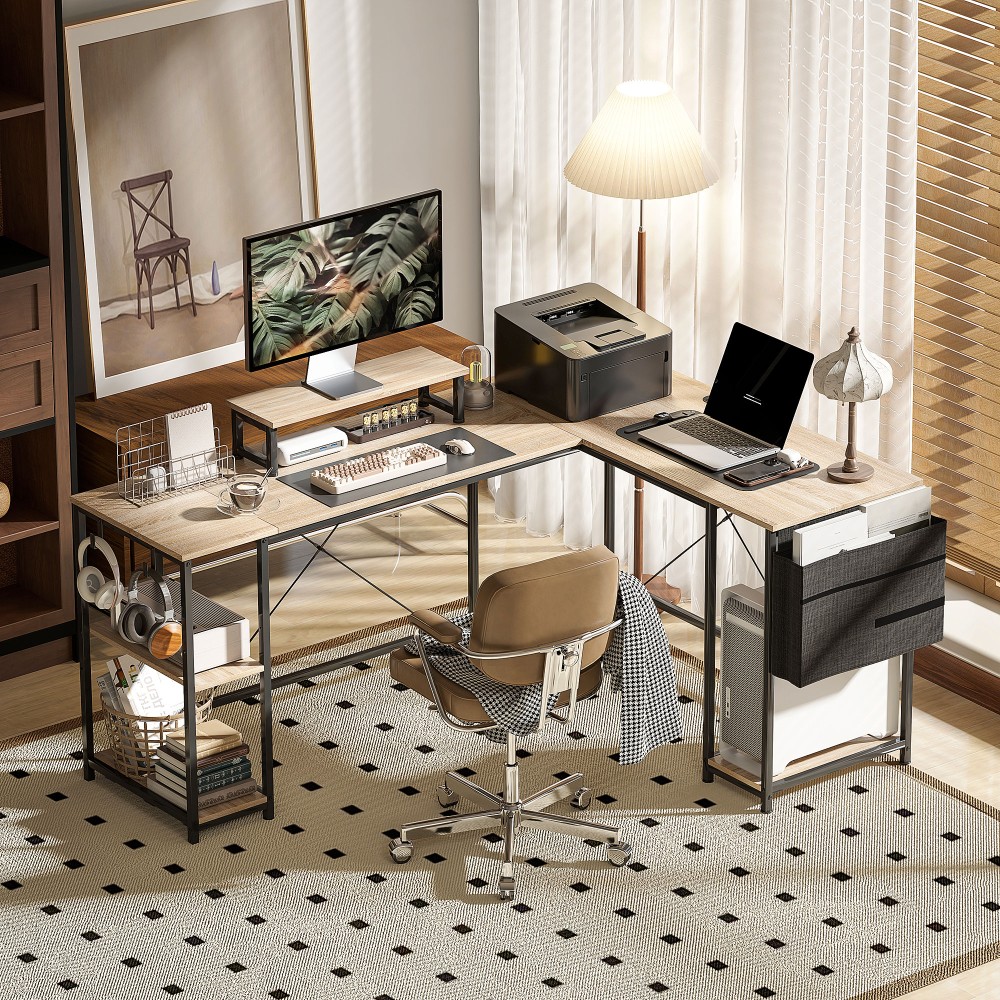 Γραφείο σε σχήμα L, Τραπέζι γραφείου πολλαπλών χρήσεων με ρυθμιζόμενα ράφια και τσάντα αποθήκευσης, βάση οθόνης, φυσικό