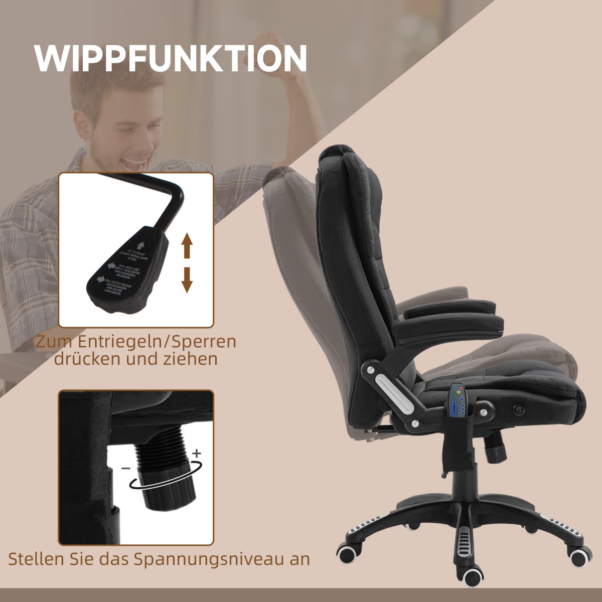 Καρέκλα γραφείου με δονητικό μασάζ, εργονομική καρέκλα γραφείου με θέρμανση, λειτουργία ανάκλισης, ρυθμιζόμενο ύψος με τηλεχειριστήριο, πλαϊνή τσέπη, λινό όψη, μαύρο