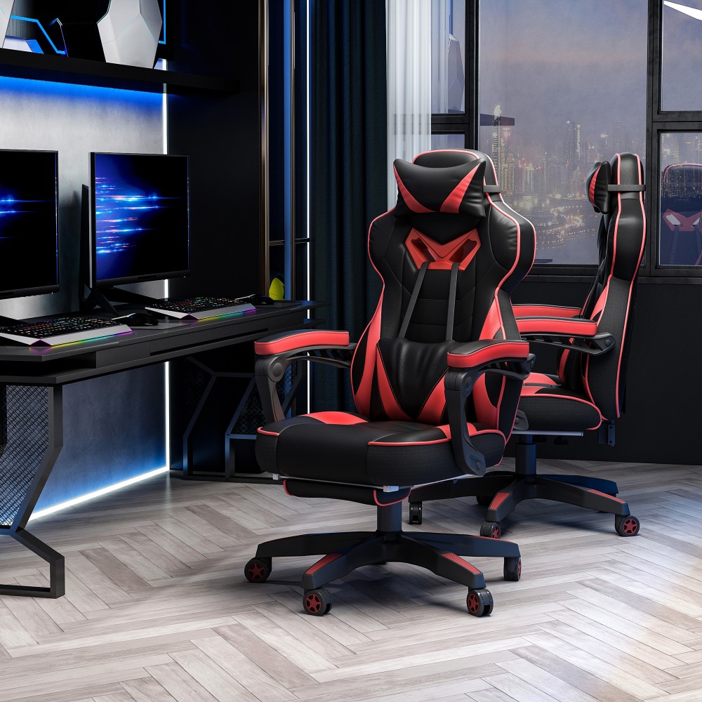 Εργονομική καρέκλα γραφείου, καρέκλα gaming, περιστρεφόμενη καρέκλα με αναδιπλούμενο υποπόδιο και ρυθμιζόμενο αφρό πλάτης + δέρμα PU + μέταλλο, μαύρο + κόκκινο, 65 x 70 x 118,5-128,5 cm