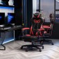 Εργονομική καρέκλα γραφείου, καρέκλα gaming, περιστρεφόμενη καρέκλα με αναδιπλούμενο υποπόδιο και ρυθμιζόμενο αφρό πλάτης + δέρμα PU + μέταλλο, μαύρο + κόκκινο, 65 x 70 x 118,5-128,5 cm