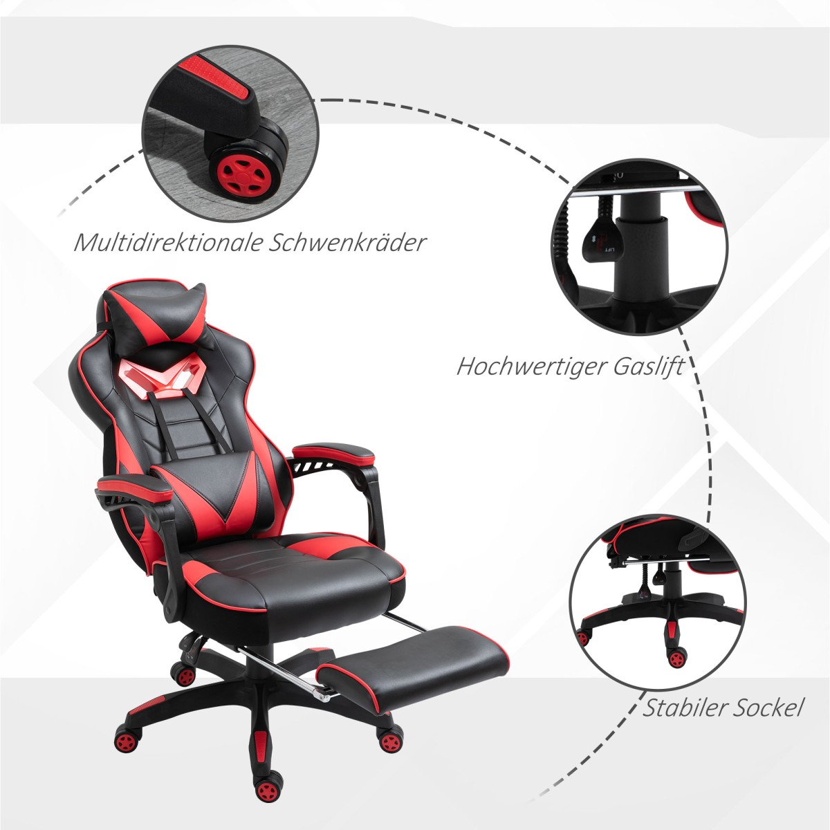 Εργονομική καρέκλα γραφείου, καρέκλα gaming, περιστρεφόμενη καρέκλα με αναδιπλούμενο υποπόδιο και ρυθμιζόμενο αφρό πλάτης + δέρμα PU + μέταλλο, μαύρο + κόκκινο, 65 x 70 x 118,5-128,5 cm