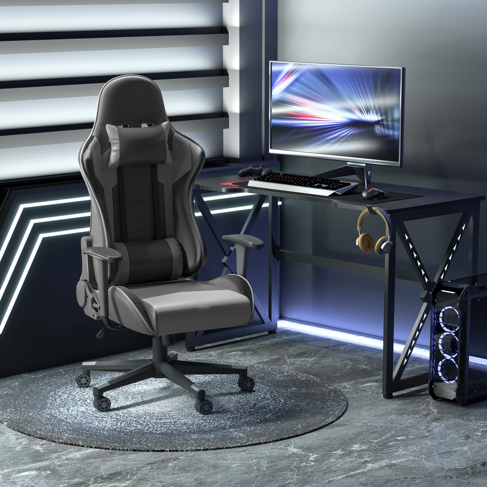 Εργονομική καρέκλα γραφείου, καρέκλα gaming, περιστρεφόμενη καρέκλα, ψεύτικο δέρμα, αφρός, μαύρο, 67,5 x 74 x 126-136 cm