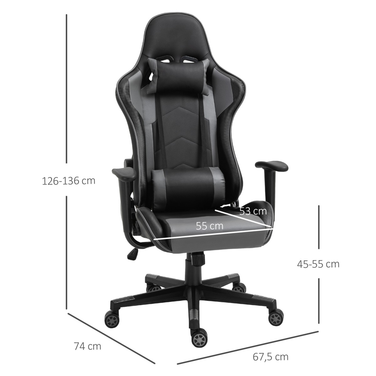 Εργονομική καρέκλα γραφείου, καρέκλα gaming, περιστρεφόμενη καρέκλα, ψεύτικο δέρμα, αφρός, μαύρο, 67,5 x 74 x 126-136 cm