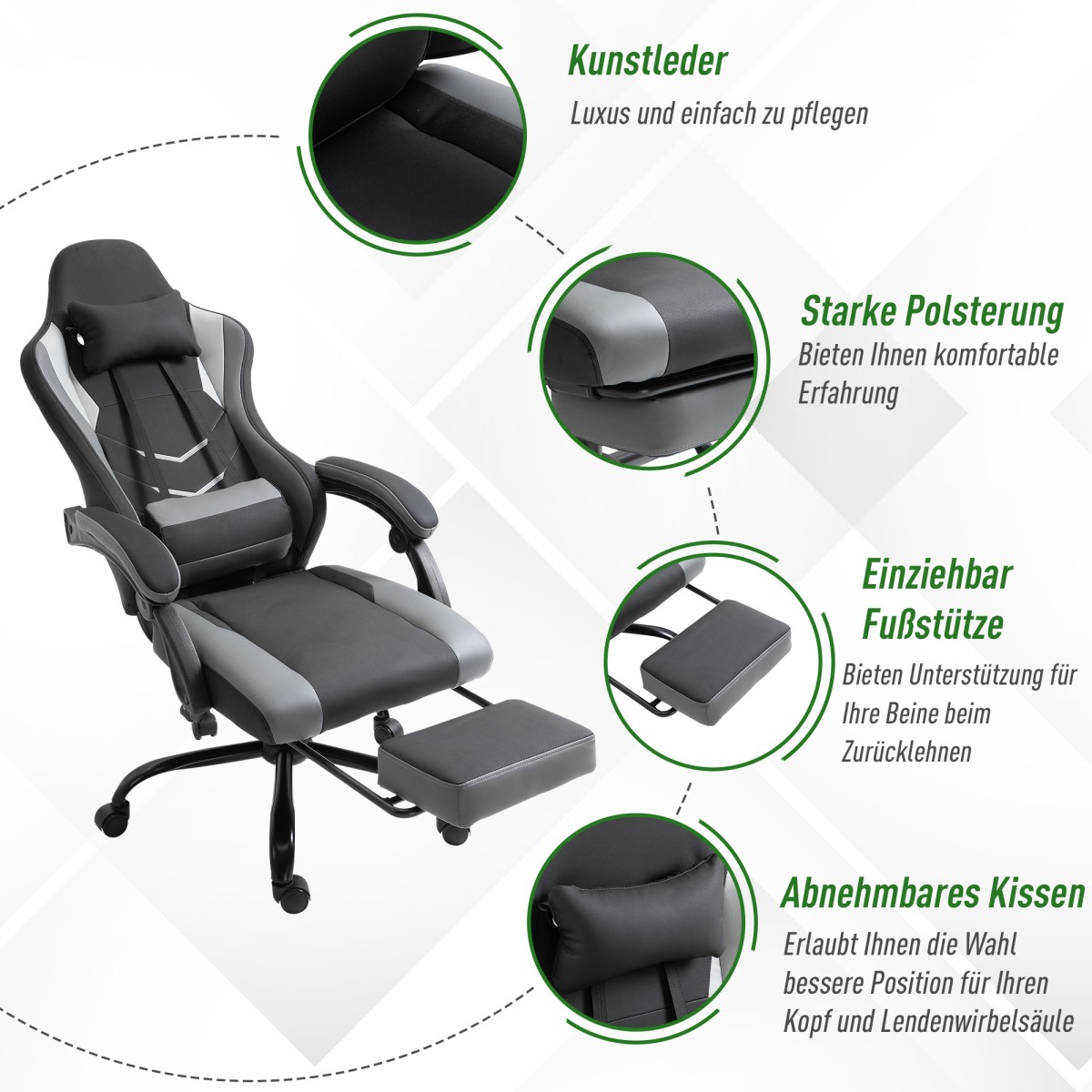 Εργονομική καρέκλα gaming, καρέκλα γραφείου, καρέκλα γραφείου, περιστρεφόμενη καρέκλα, ρυθμιζόμενο ύψος, ρυθμιζόμενο οσφυϊκό μαξιλάρι με υποπόδια, μαύρο, 62x52x128 cm