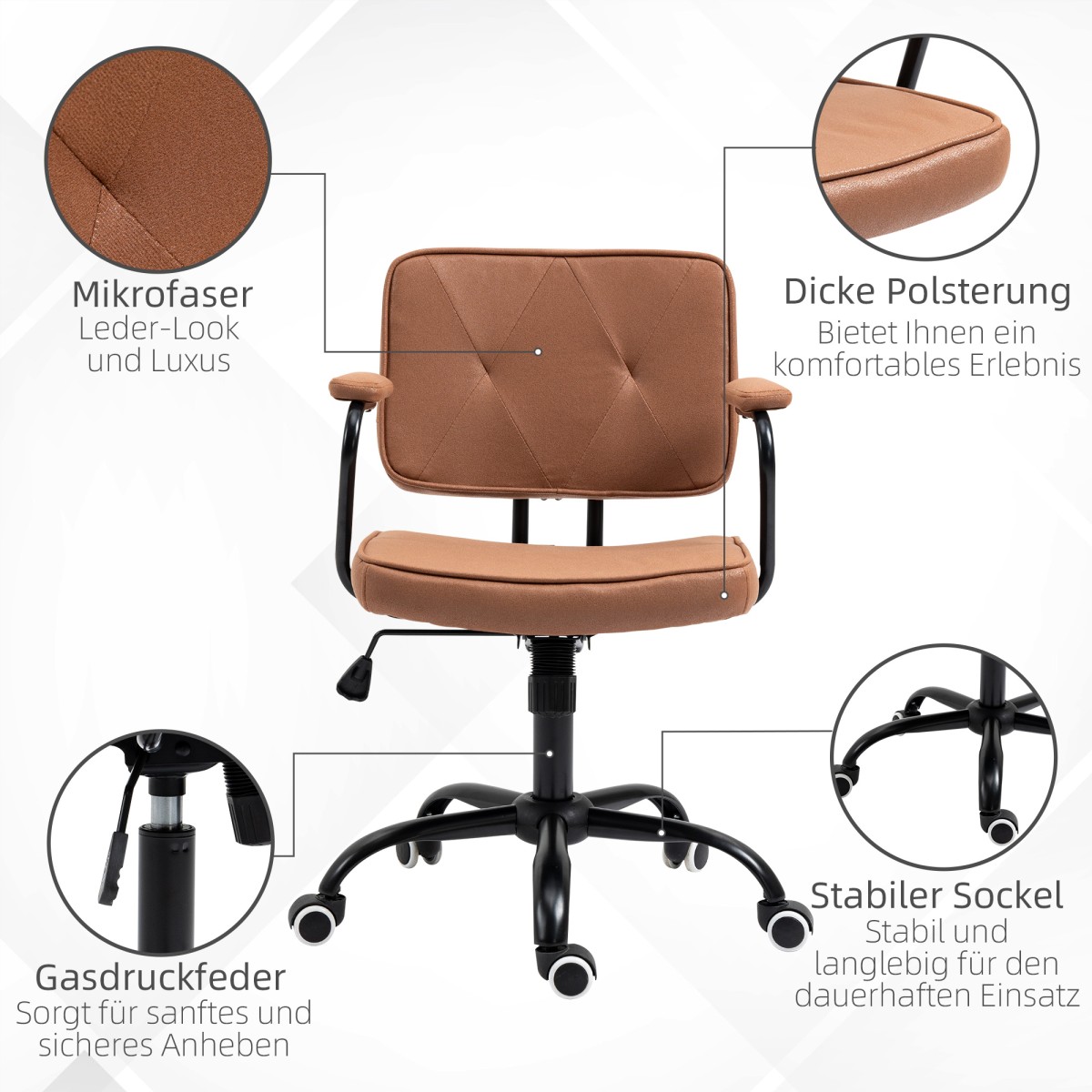 Καρέκλα γραφείου με ρόδες, περιστρεφόμενη καρέκλα, καρέκλα γραφείου για γραφείο, ρυθμιζόμενο ύψος με λειτουργία rocker, περιστροφή 360°, ανακλινόμενος αφρός, καφέ, 61 x 58 x 82-91 cm