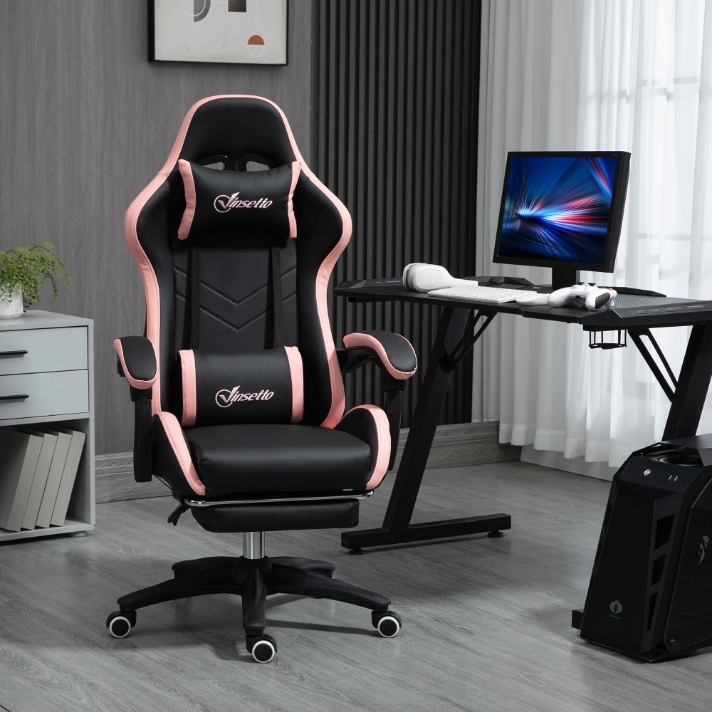 Καρέκλα γραφείου, καρέκλα gaming, 1 προσκέφαλο, 1 οσφυϊκό στήριγμα, ροζ + μαύρο