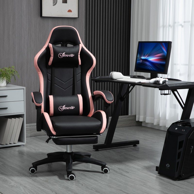 Καρέκλα γραφείου, καρέκλα gaming, 1 προσκέφαλο, 1 οσφυϊκό στήριγμα, ροζ + μαύρο