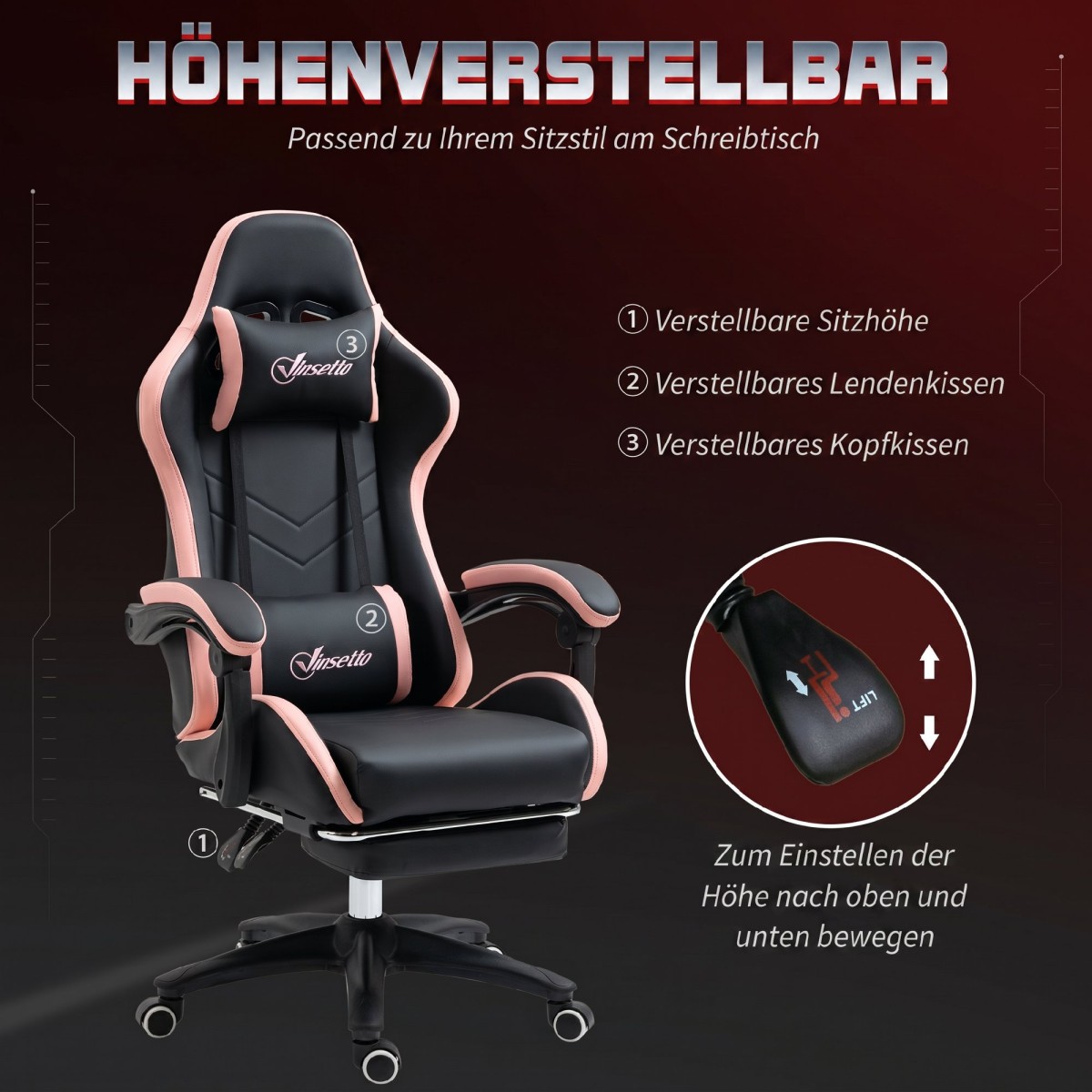 Καρέκλα γραφείου, καρέκλα gaming, 1 προσκέφαλο, 1 οσφυϊκό στήριγμα, ροζ + μαύρο