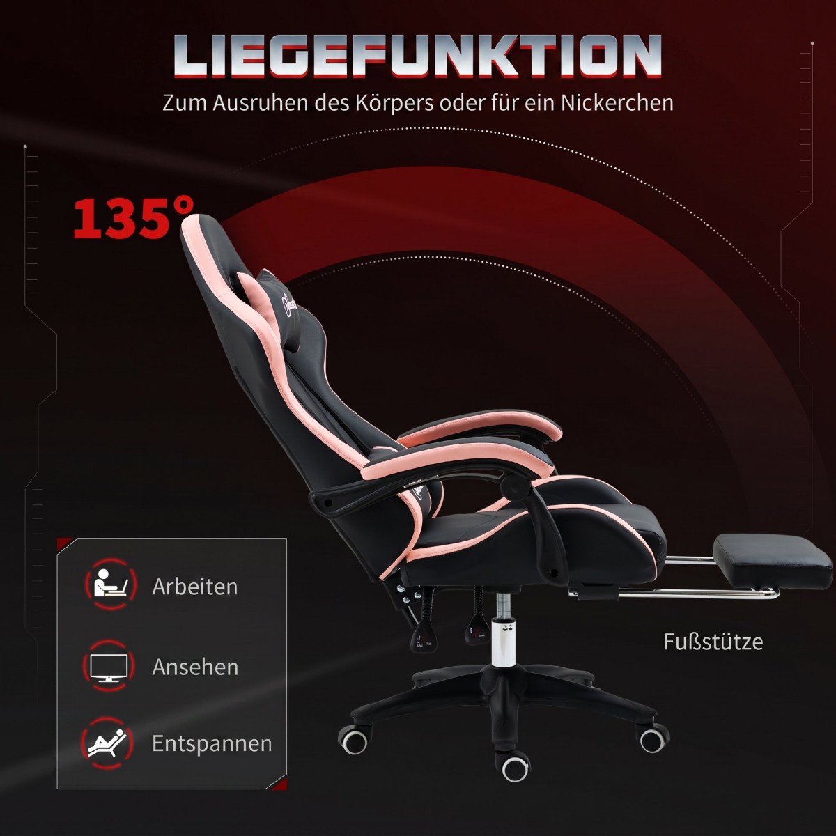 Καρέκλα γραφείου, καρέκλα gaming, 1 προσκέφαλο, 1 οσφυϊκό στήριγμα, ροζ + μαύρο