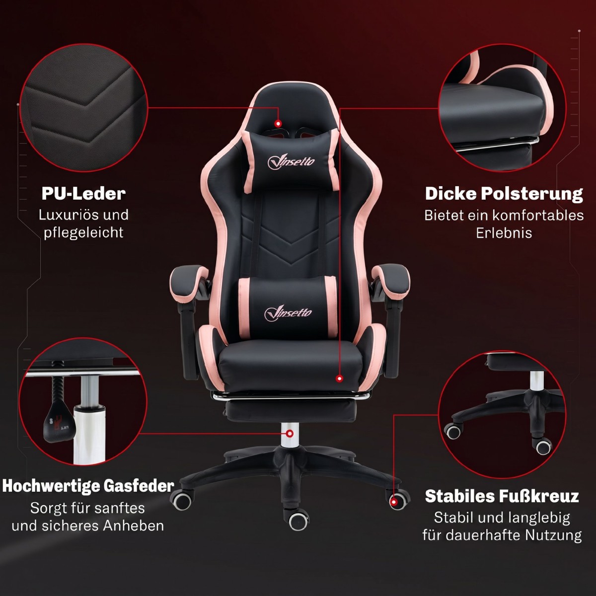 Καρέκλα γραφείου, καρέκλα gaming, 1 προσκέφαλο, 1 οσφυϊκό στήριγμα, ροζ + μαύρο