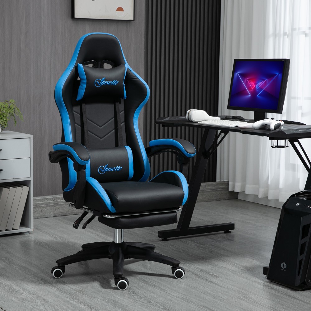 Καρέκλα γραφείου, καρέκλα gaming, 1 προσκέφαλο, 1 οσφυϊκό στήριγμα, μπλε + μαύρο
