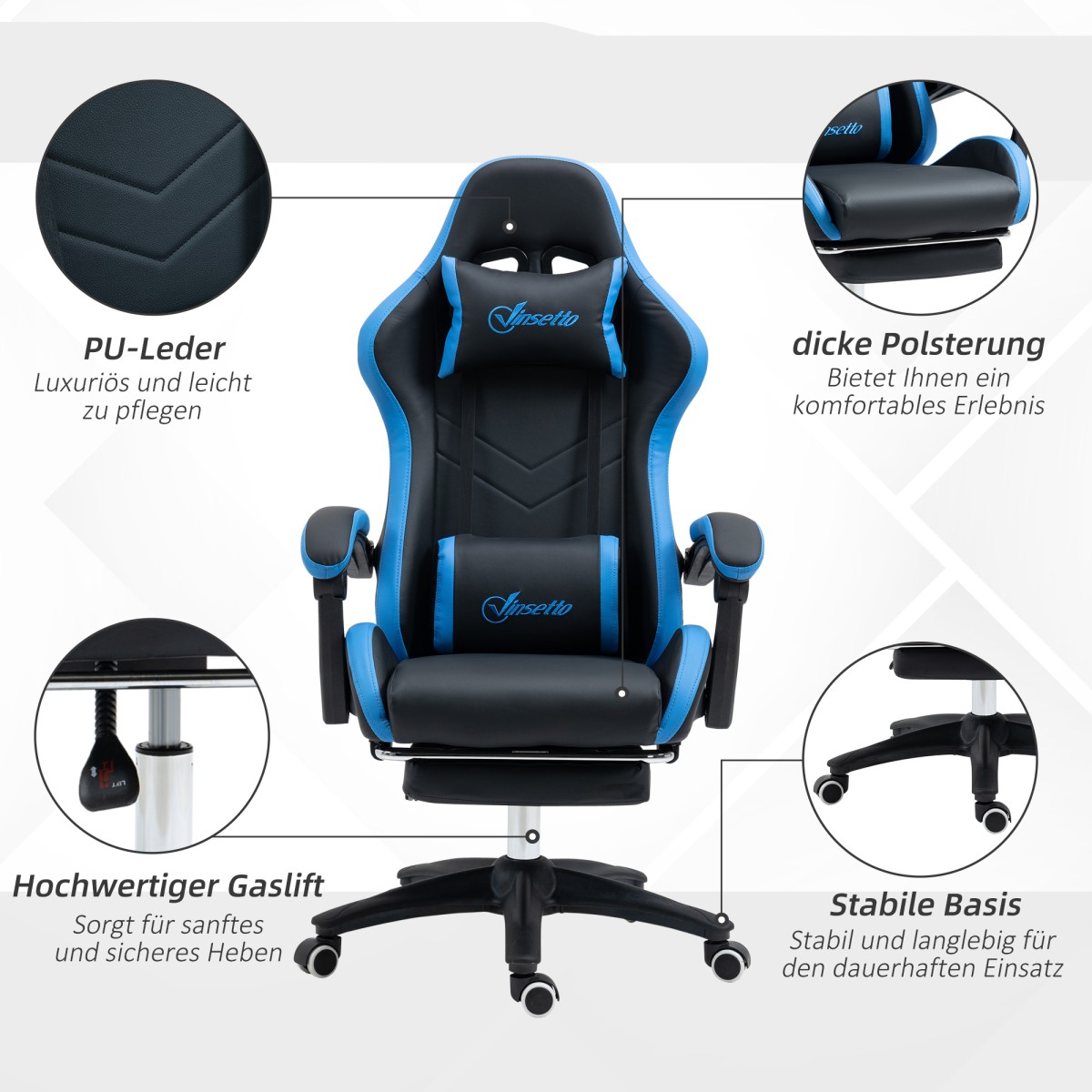Καρέκλα γραφείου, καρέκλα gaming, 1 προσκέφαλο, 1 οσφυϊκό στήριγμα, μπλε + μαύρο