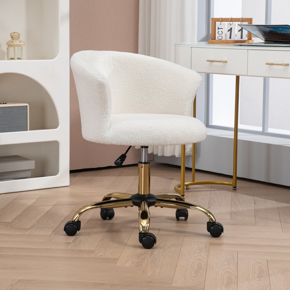 Καρέκλα γραφείου, ρυθμιζόμενο ύψος καρέκλας γραφείου με όψη teddy fleece, 58 x 56 x 68-76 εκ., Λευκό