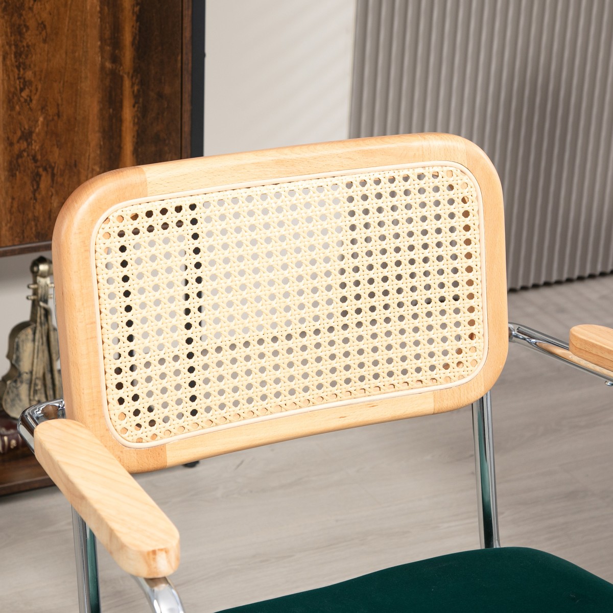 Καρέκλα γραφείου Boho Design Ξύλινα υποβραχιόνια περιστρεφόμενα ρυθμιζόμενα έως 120kg Steel Green