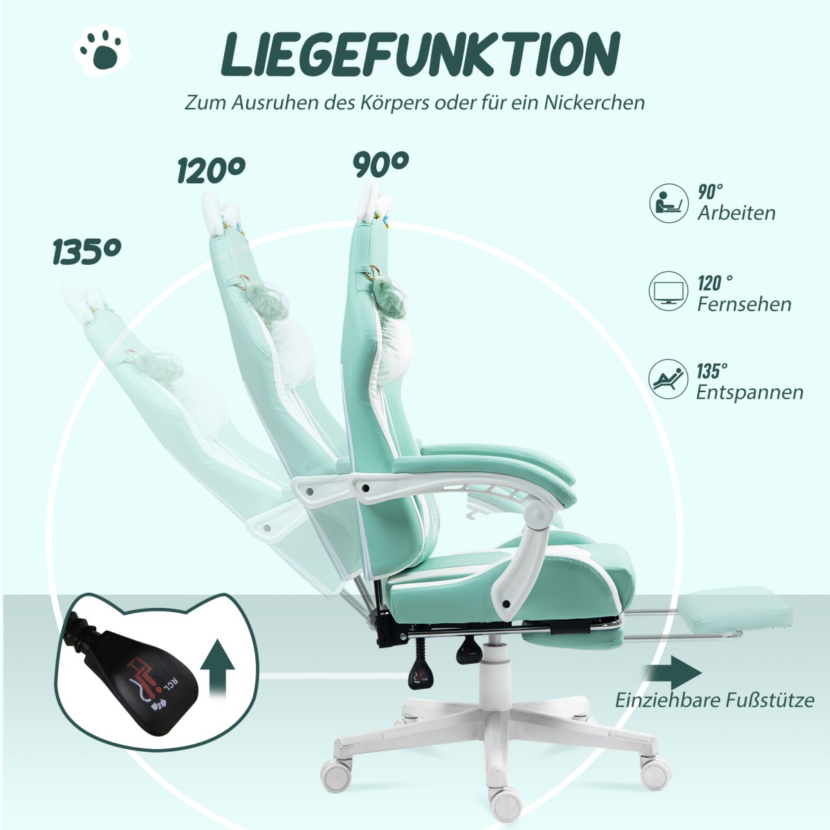 Καρέκλα παιχνιδιού με αυτιά γάτας, ανακλινόμενη πλάτη, επεκτεινόμενο υποπόδιο, χωρητικότητα φορτίου έως 120 κιλά, Tiffany blue