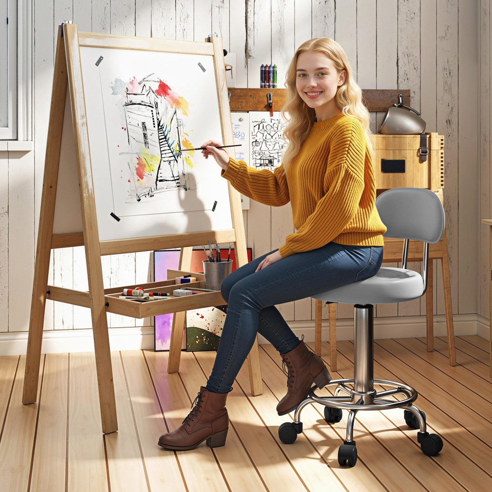 Ρολερ, Περιστρεφόμενο και ρυθμιζόμενο σκαμπό με πλάτη, κάλυμμα από τεχνητό δέρμα, υποπόδιο, για τραπέζια μακιγιάζ, Γκρι