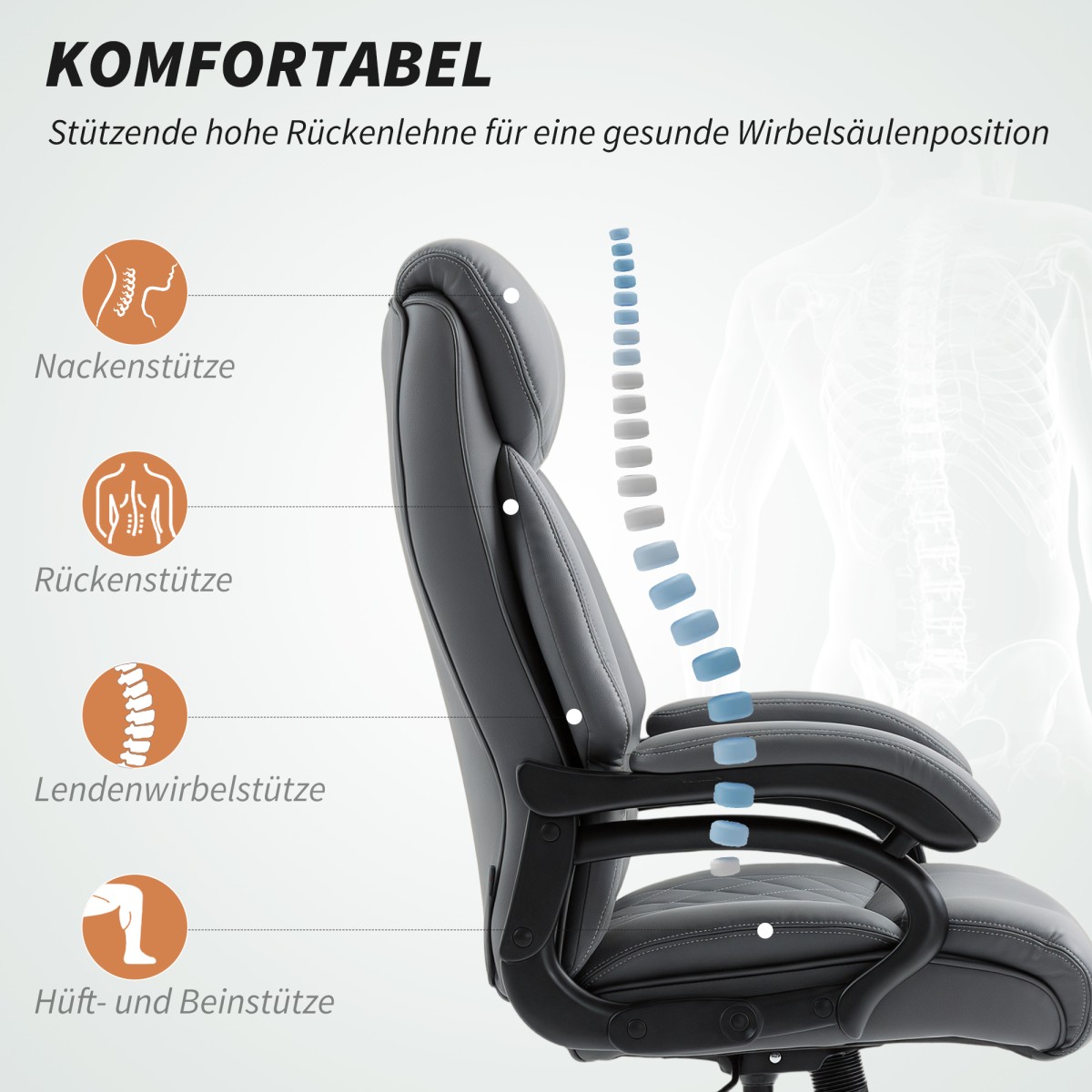 Executive Chair, 150kg Heavy Duty Big and Tall καρέκλα γραφείου Από δέρμα PU με επένδυση ελατηρίου, γκρι ανθρακί