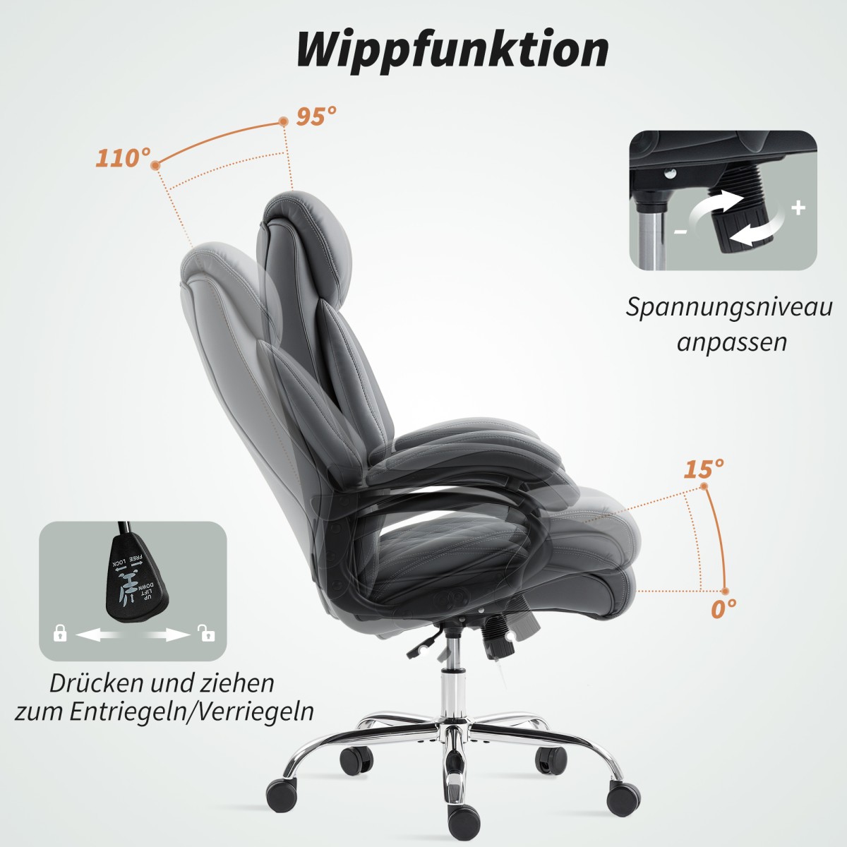Executive Chair, 150kg Heavy Duty Big and Tall καρέκλα γραφείου Από δέρμα PU με επένδυση ελατηρίου, γκρι ανθρακί