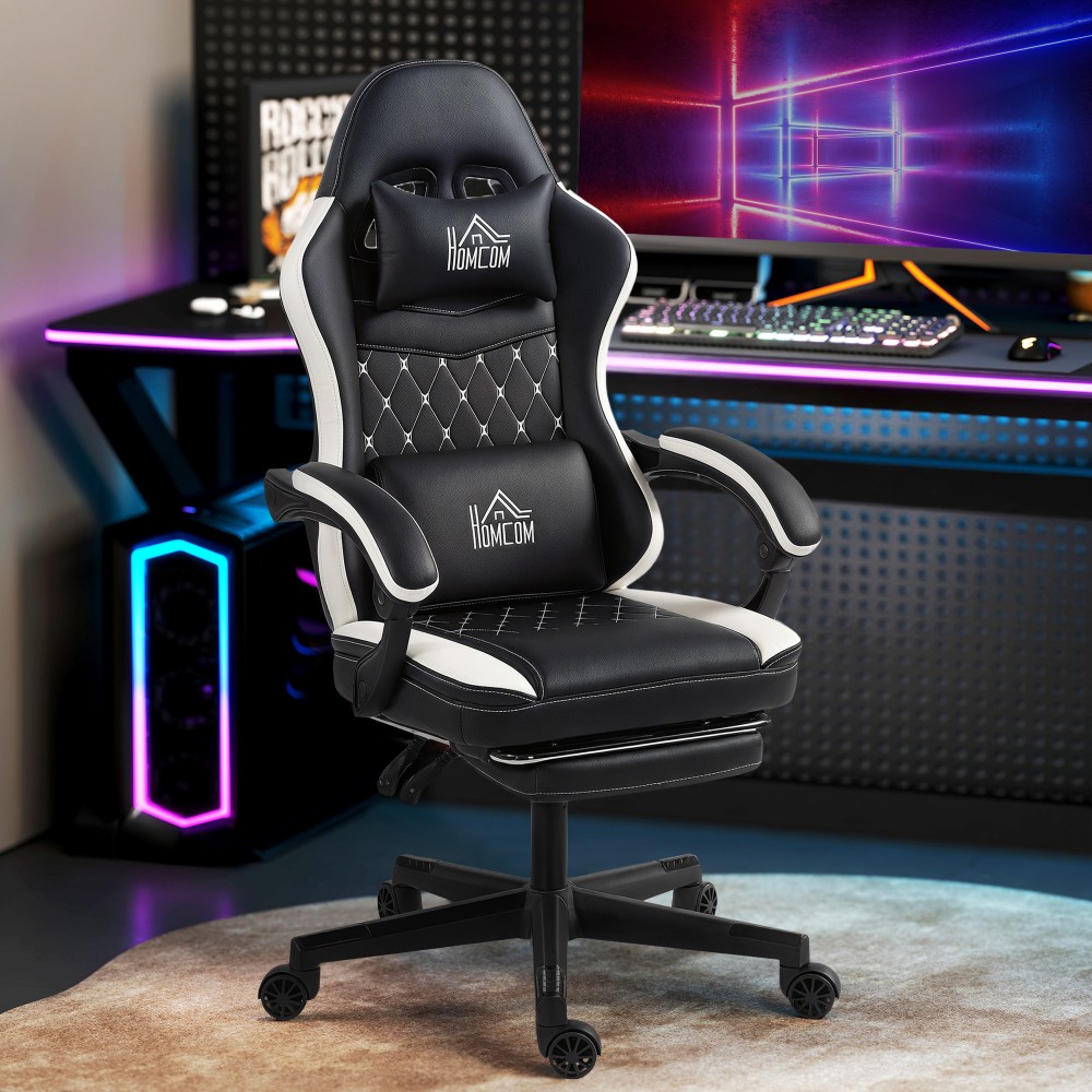 Καρέκλα gaming με υποπόδιο, καρέκλα υπολογιστή με προσκέφαλο & μαξιλάρι, κάλυμμα από συνθετικό δέρμα, περιστρεφόμενο, ρυθμιζόμενο ύψος, μέταλλο, πλαστικό, μαύρο+λευκό