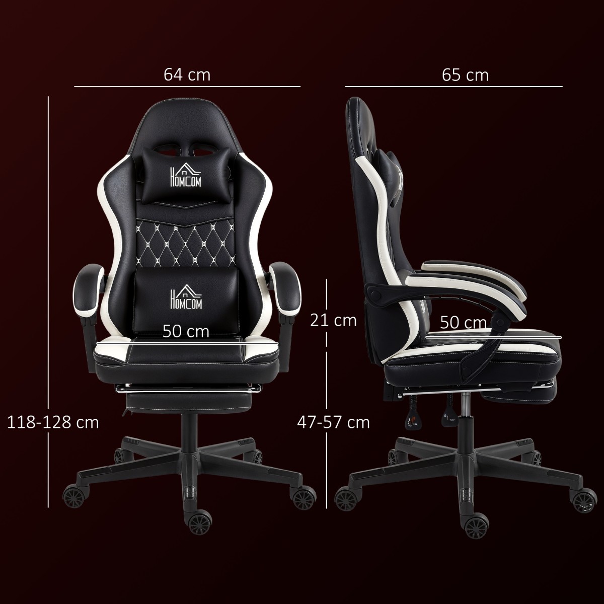 Καρέκλα gaming με υποπόδιο, καρέκλα υπολογιστή με προσκέφαλο & μαξιλάρι, κάλυμμα από συνθετικό δέρμα, περιστρεφόμενο, ρυθμιζόμενο ύψος, μέταλλο, πλαστικό, μαύρο+λευκό