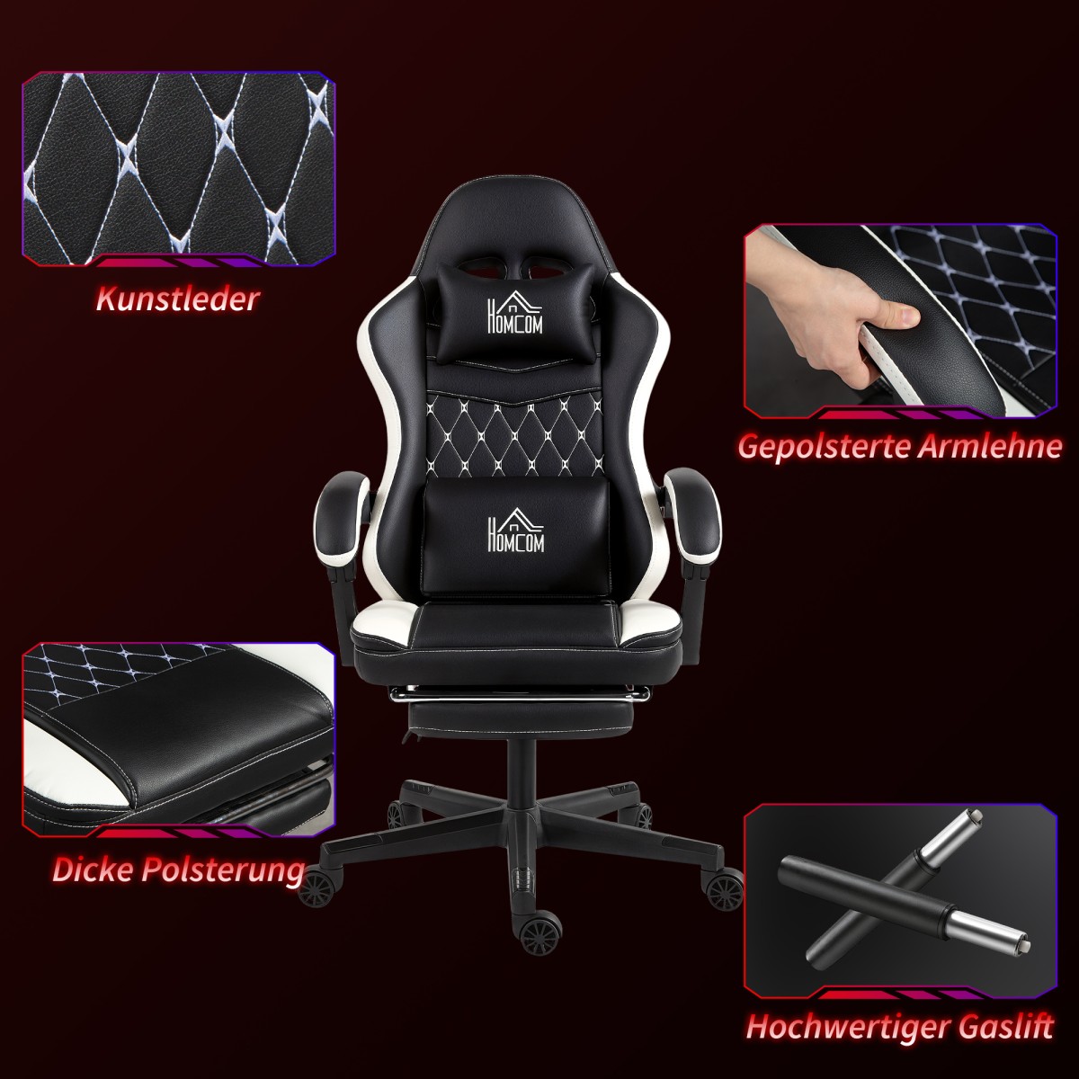 Καρέκλα gaming με υποπόδιο, καρέκλα υπολογιστή με προσκέφαλο & μαξιλάρι, κάλυμμα από συνθετικό δέρμα, περιστρεφόμενο, ρυθμιζόμενο ύψος, μέταλλο, πλαστικό, μαύρο+λευκό