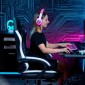 Καρέκλα gaming με υποπόδιο, καρέκλα υπολογιστή με προσκέφαλο & μαξιλάρι, κάλυμμα από συνθετικό δέρμα, περιστρεφόμενο, ρυθμιζόμενο ύψος, μέταλλο, πλαστικό, μαύρο+λευκό