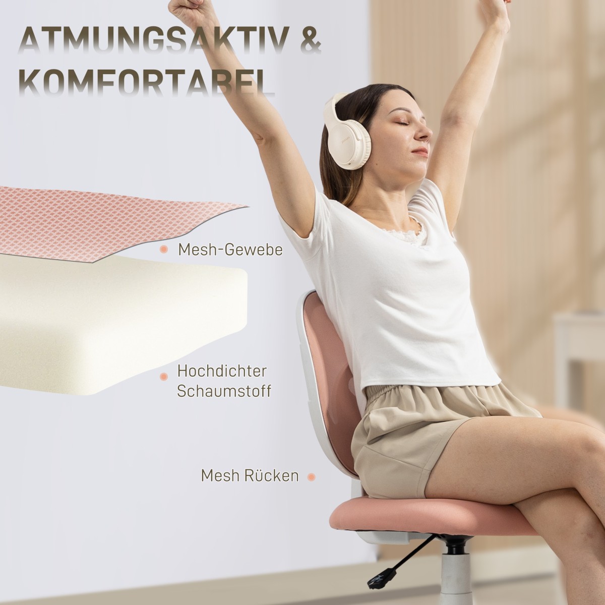 Καρέκλα γραφείου εργονομική καρέκλα γραφείου με στήριγμα πλάτης σε σχήμα C, ροζ ρυθμιζόμενο ύψος