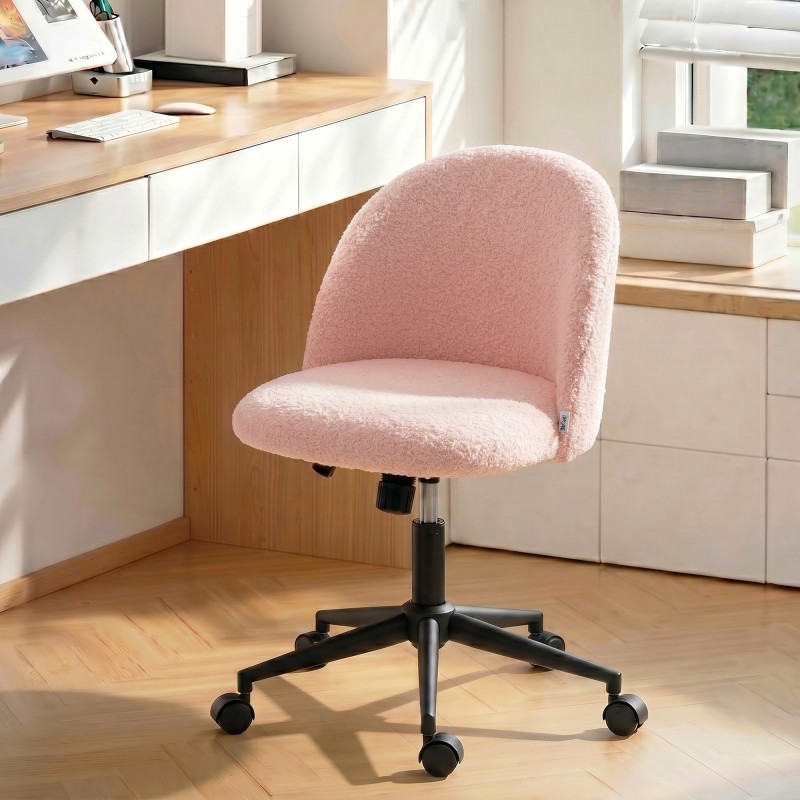 Περιστρεφόμενη καρέκλα γραφείου από teddy fleece, ρυθμιζόμενο ύψος, με ρόδες, αφρός άνεσης, ροζ