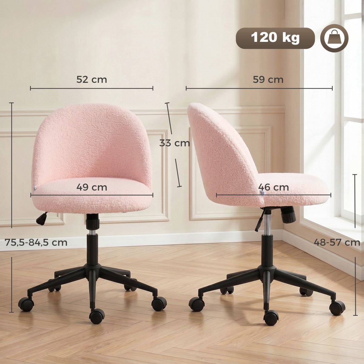 Περιστρεφόμενη καρέκλα γραφείου από teddy fleece, ρυθμιζόμενο ύψος, με ρόδες, αφρός άνεσης, ροζ