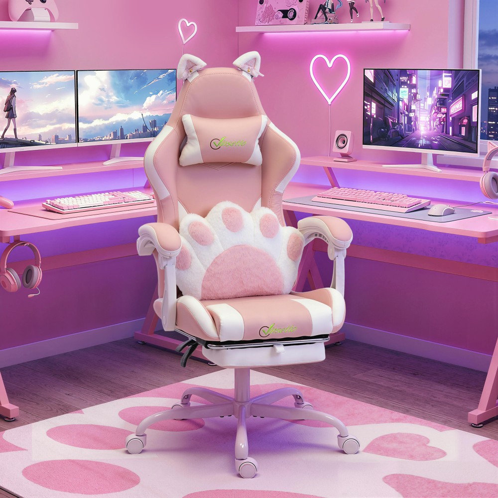 Εργονομική καρέκλα gaming, καρέκλα gamer από συνθετικό δέρμα με αυτιά σε σχήμα γάτας, οσφυϊκή υποστήριξη, υποπόδιο, προσκέφαλο, Ροζ