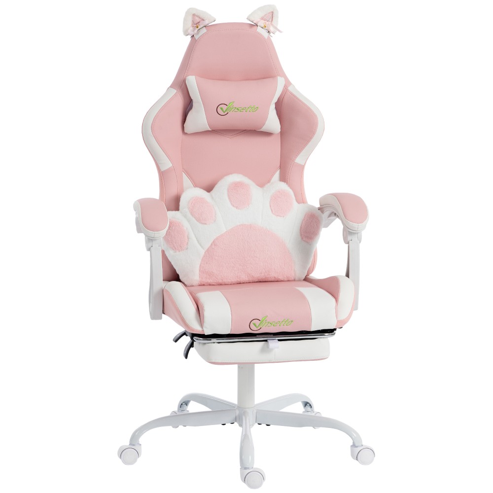 Εργονομική καρέκλα gaming, καρέκλα gamer από συνθετικό δέρμα με αυτιά σε σχήμα γάτας, οσφυϊκή υποστήριξη, υποπόδιο, προσκέφαλο, Ροζ