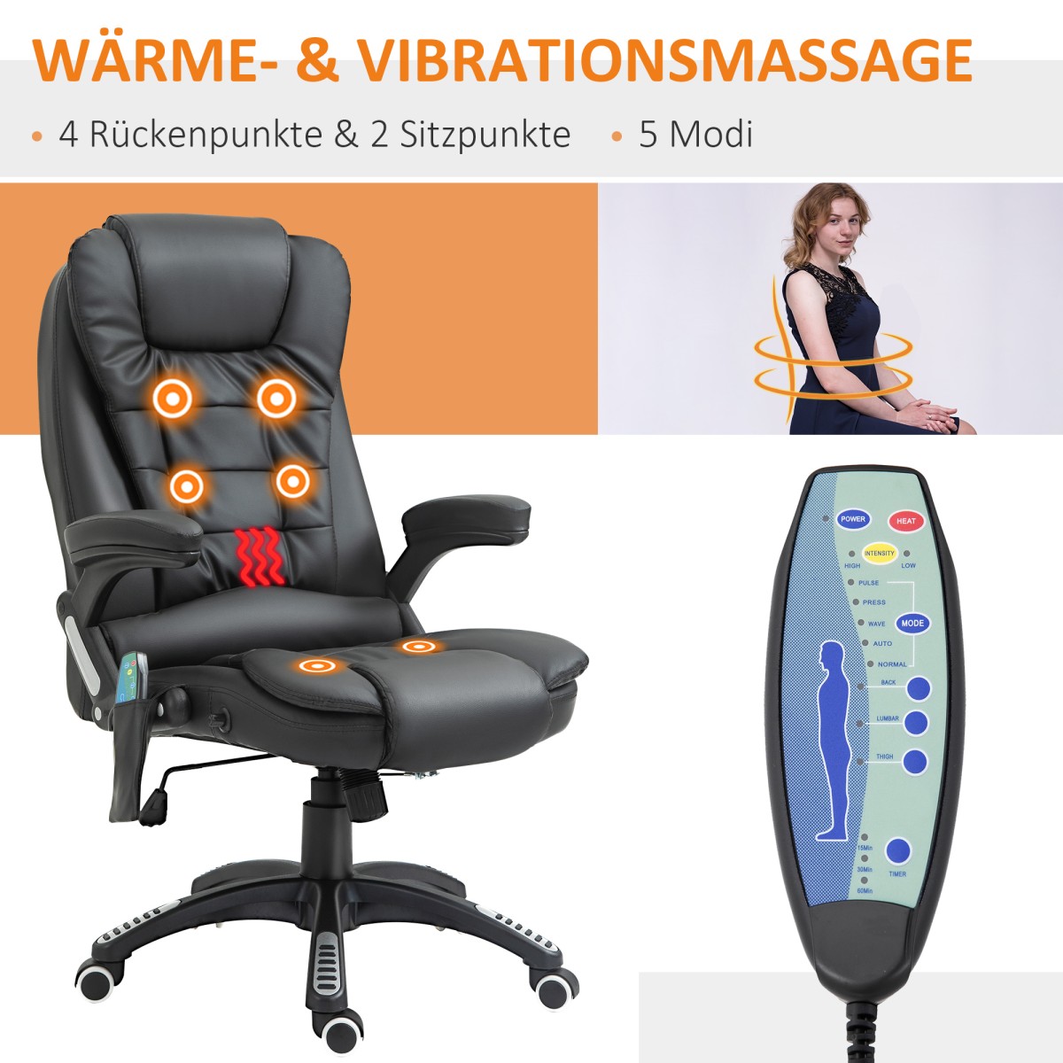 Καρέκλα μασάζ Καρέκλα γραφείου Executive Chair με 6 Point Vibration Massage and Heat Swivel Gaming Chair Faux Leather 70 x 70 x 111-121 cm Μαύρο