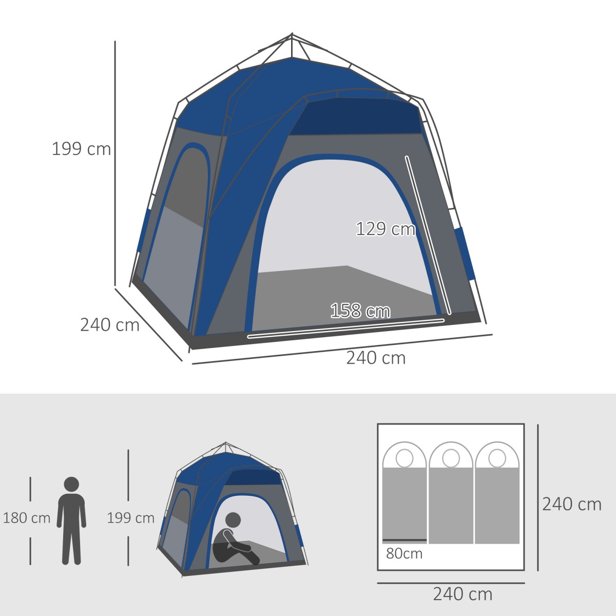 Pop up dome σκηνή για 3 άτομα, ελαφριά, σταθερή, αδιάβροχη UV 50+ με γάντζους, πόρτα, παράθυρο, υπόστρωμα