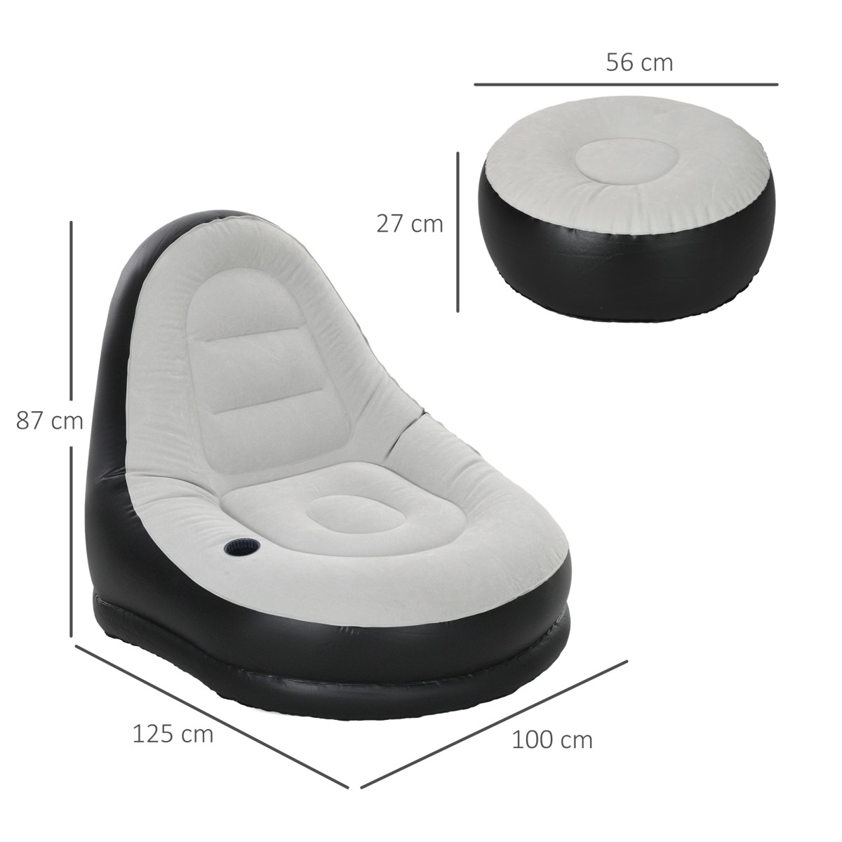 Φουσκωτή καρέκλα air chair καρέκλα εξωτερικού χώρου, 125 x 100 x 87cm, γκρι + μαύρο