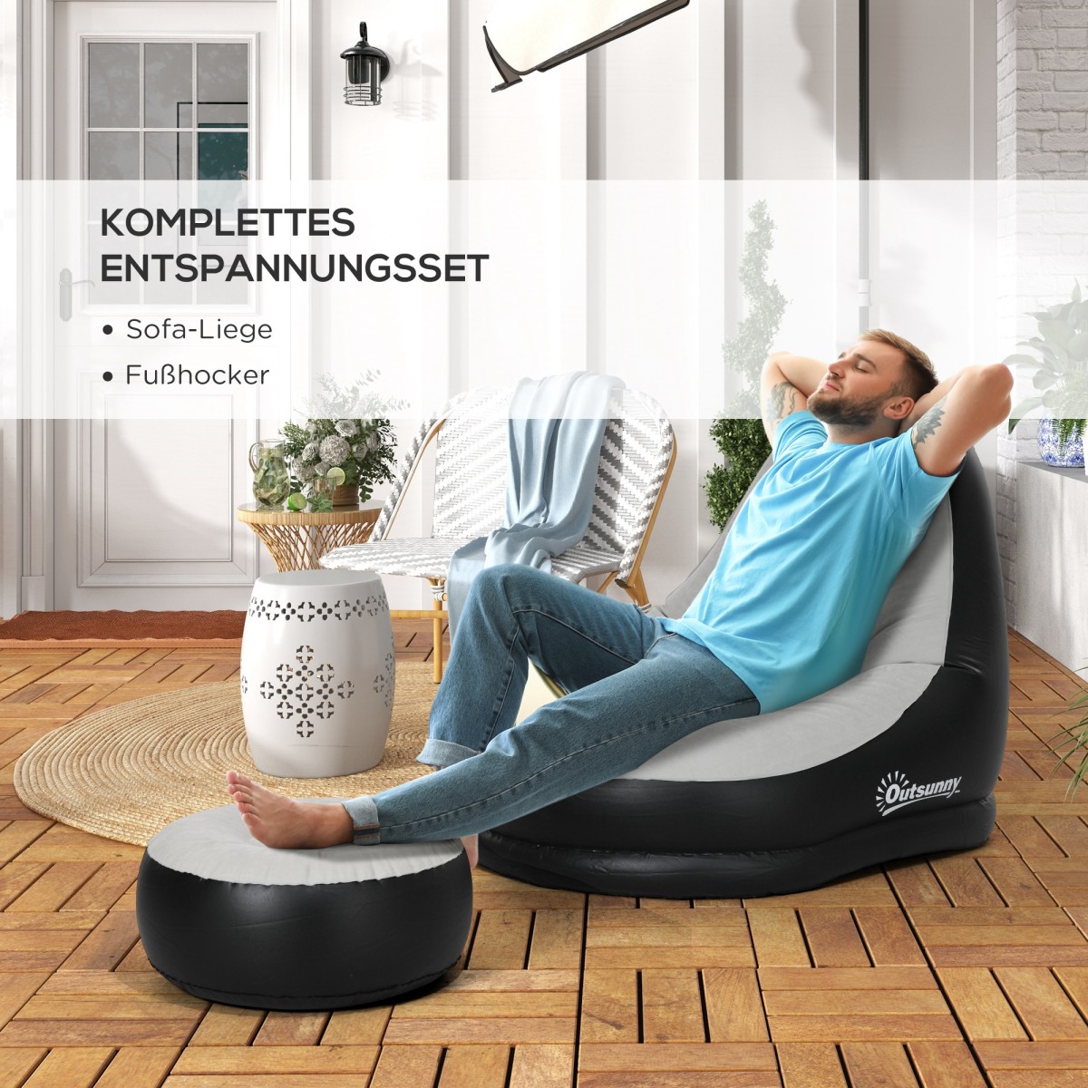 Φουσκωτή καρέκλα air chair καρέκλα εξωτερικού χώρου, 125 x 100 x 87cm, γκρι + μαύρο