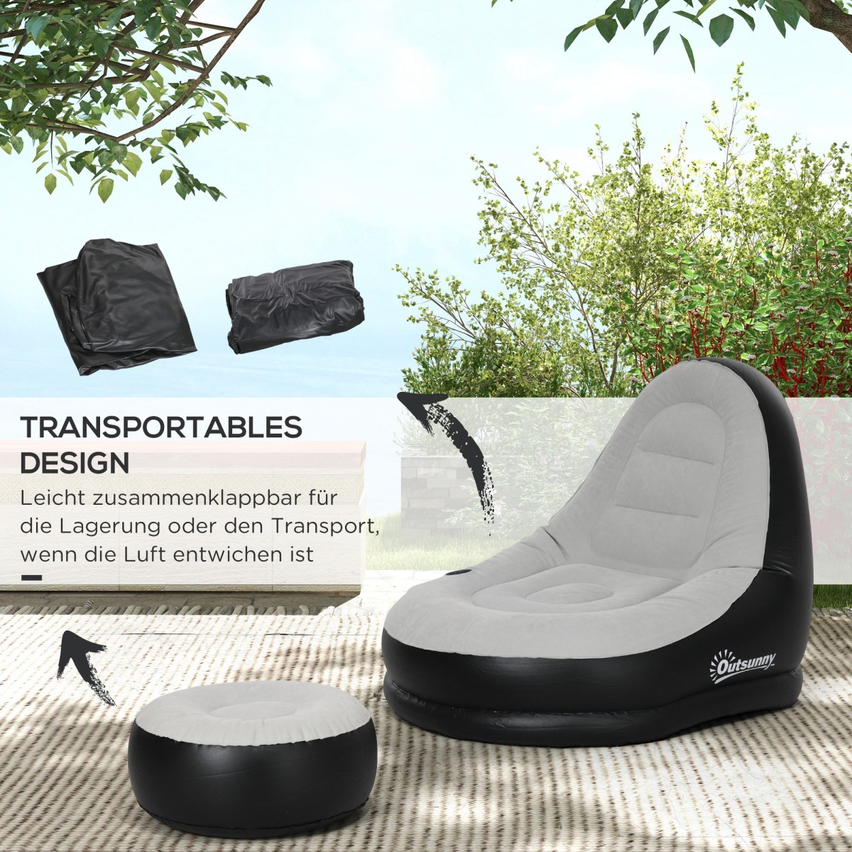 Φουσκωτή καρέκλα air chair καρέκλα εξωτερικού χώρου, 125 x 100 x 87cm, γκρι + μαύρο
