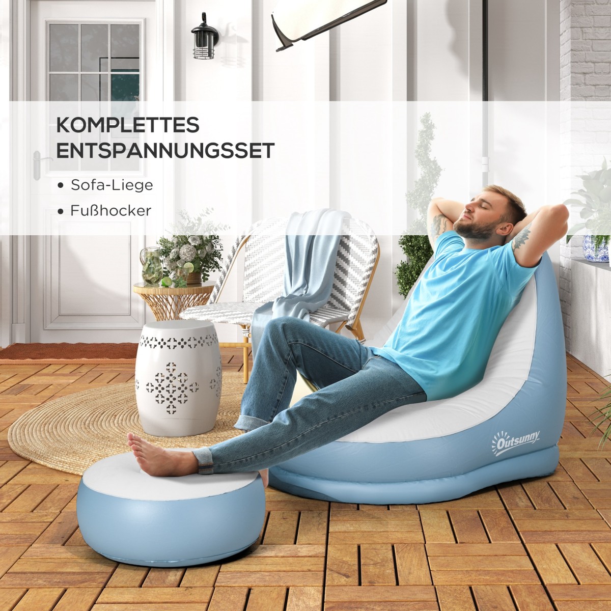 Φουσκωτή καρέκλα air chair καρέκλα εξωτερικού χώρου, 125 x 100 x 87cm, λευκό + μπλε