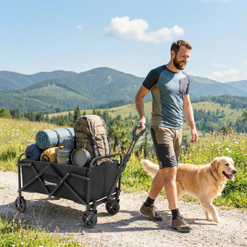Handcart Αναδιπλούμενο χειροκίνητο καροτσάκι με λαβή Ρυθμιζόμενο ύψος λαβής έως 68 kg χωρητικότητα φορτίου για αθλητικά ψώνια σε κάμπινγκ μαύρο