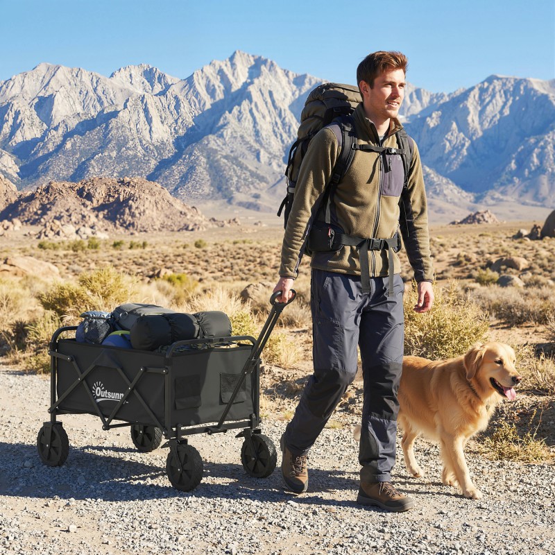 Handcart Πτυσσόμενο Handcart Cart Garden Cart Transport with Handle ρυθμιζόμενο ύψος λαβή ποτηροθήκη Μαύρο