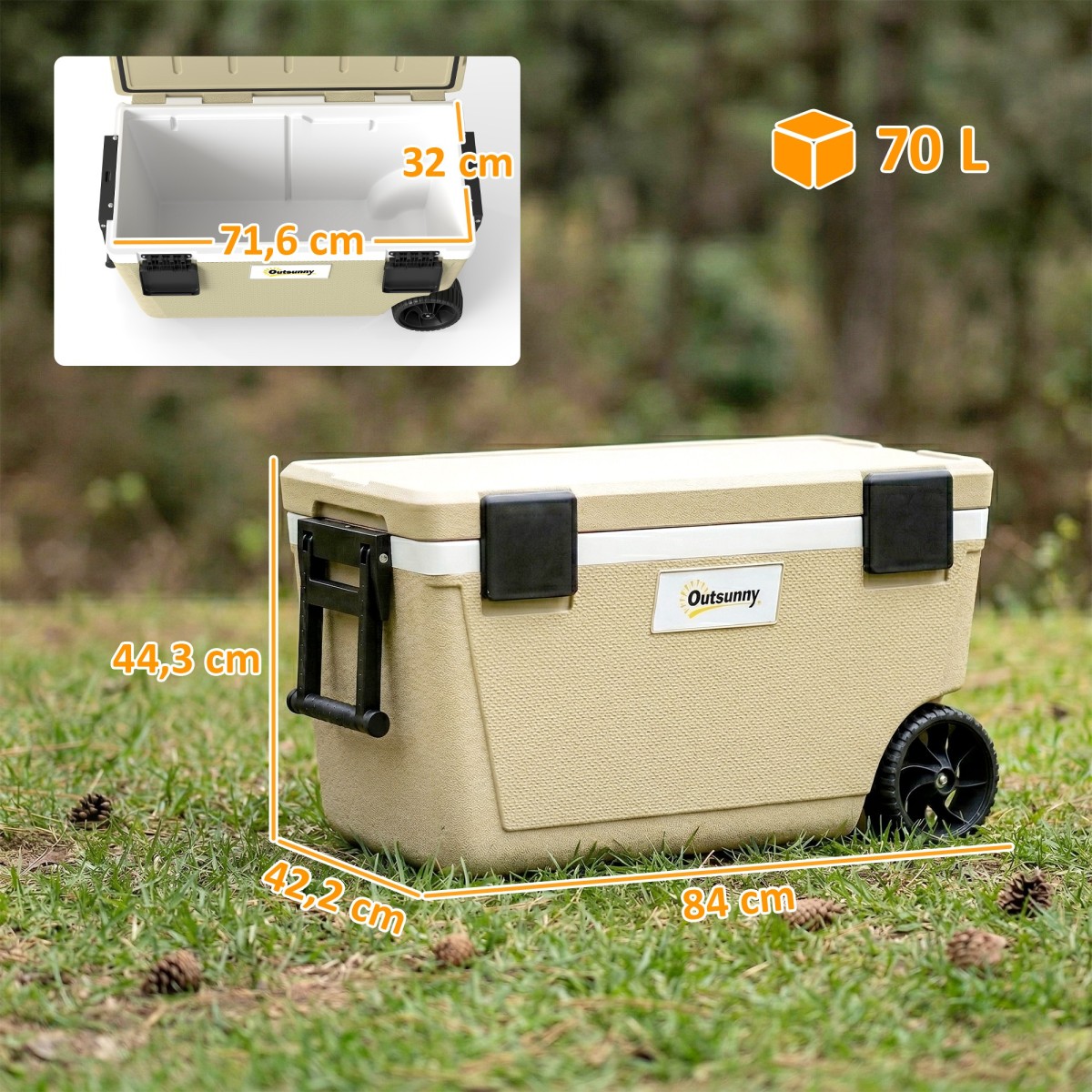 Cool box 70L Μεγάλο παθητικό θερμικό κουτί ψύξης έως 72 ώρες, με λαβή βαλβίδας αποστράγγισης τροχούς μόνωσης πλήρους αφρού PU