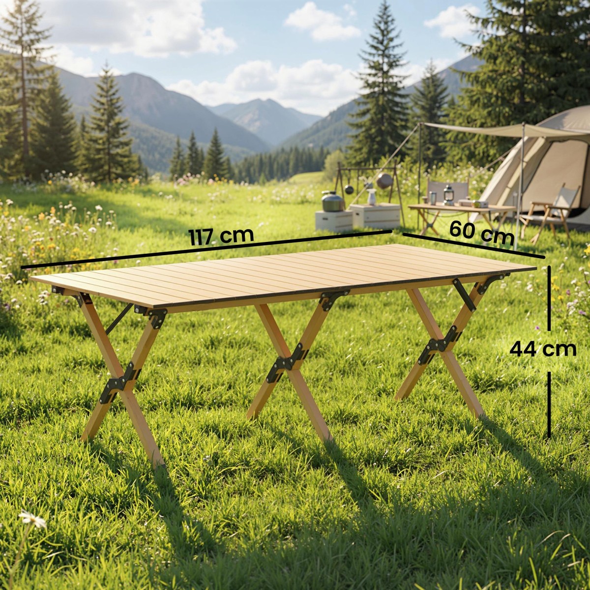 Τραπέζι κάμπινγκ 117 x 60 cm πτυσσόμενο τραπέζι από αλουμίνιο με πτυσσόμενο τραπέζι από ξύλο αδιάβροχη τσάντα μεταφοράς