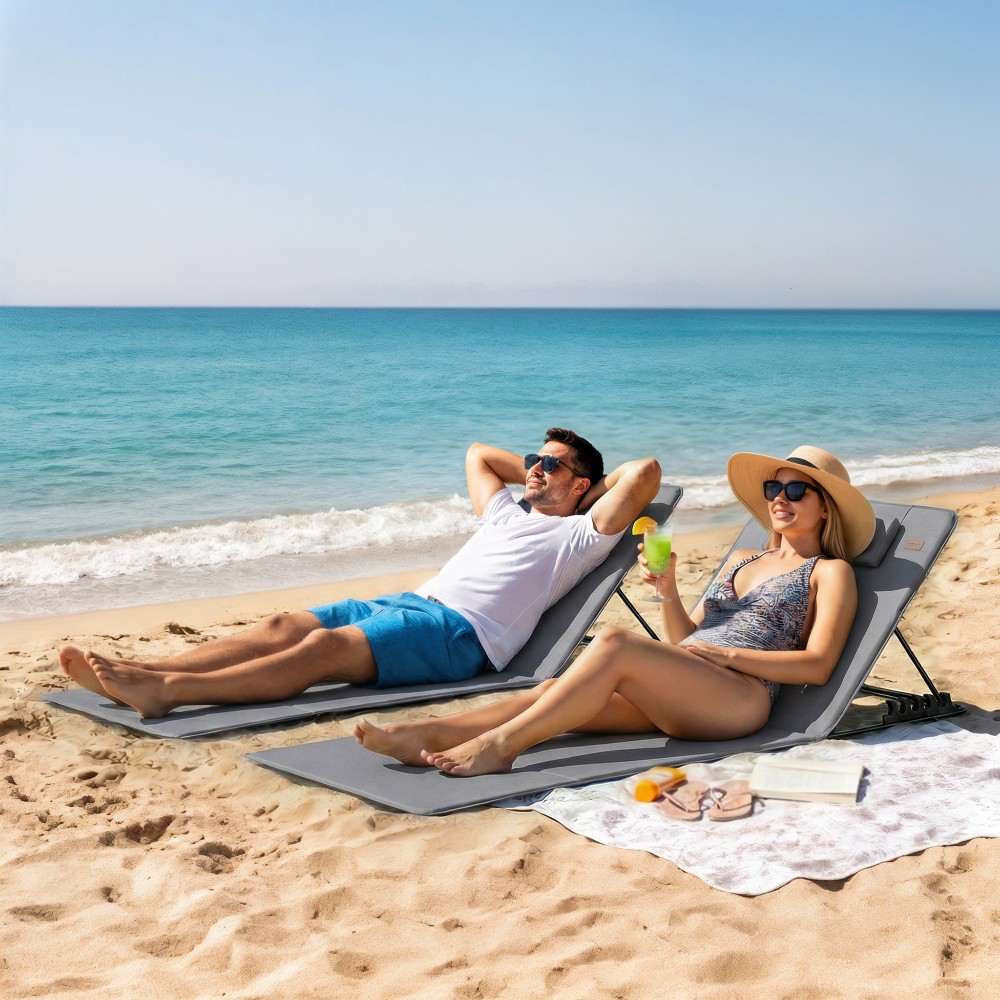 Σετ 2 χαλάκια παραλίας με ρυθμιζόμενη πλάτη, αναδιπλούμενη, ελαφριά ξαπλώστρα παραλίας με τσάντα αποθήκευσης μαξιλαριού