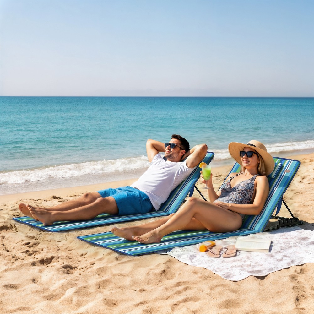 Σετ 2 χαλάκια παραλίας με ρυθμιζόμενη πλάτη, αναδιπλούμενη, ελαφριά ξαπλώστρα παραλίας με τσάντα αποθήκευσης μαξιλαριού